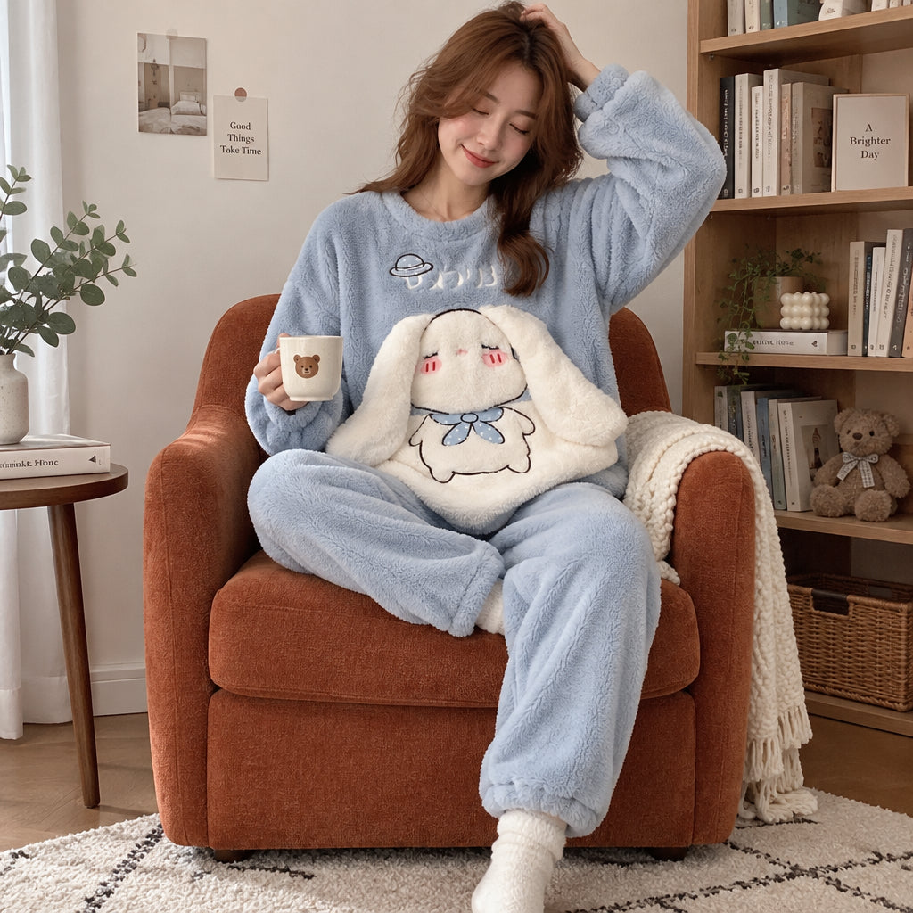 Pyjama hiver femme et ado lapin bleu ciel doux porté, vue frontale