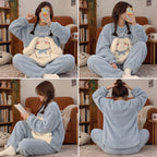 Quatre angles du Pyjama hiver femme et ado lapin bleu ciel doux porté