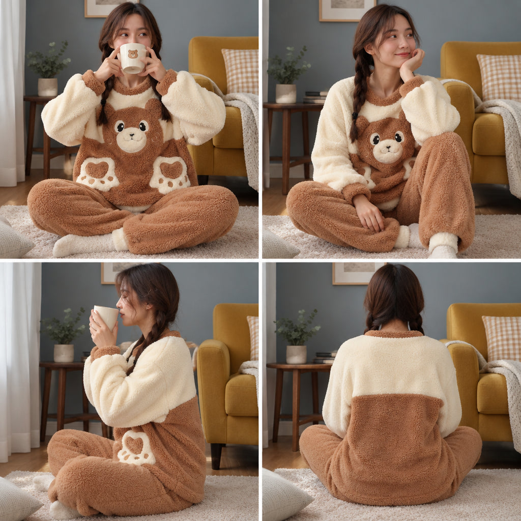 Quatre angles du Pyjama polaire femme et ado ours brun à grandes pattes porté