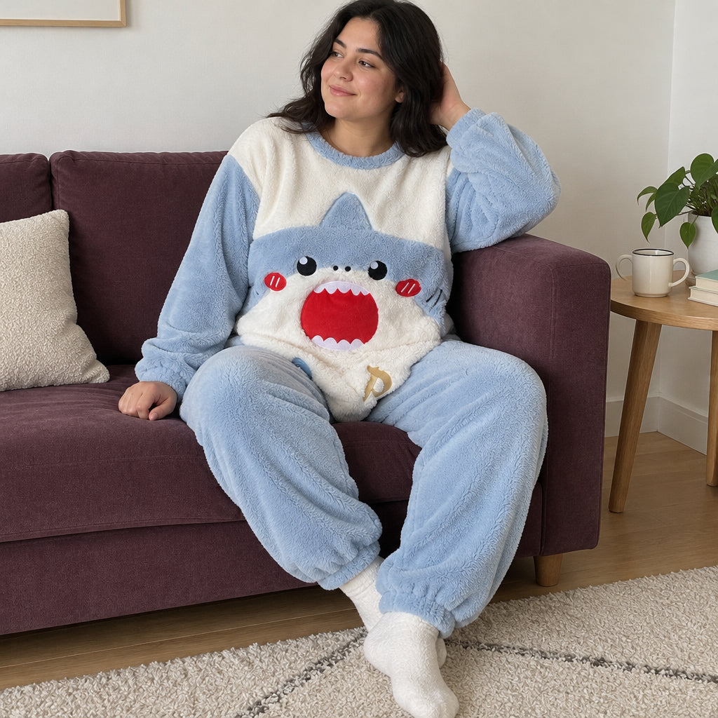Ensemble pyjama fille et femme requin bleu porté, vue frontale