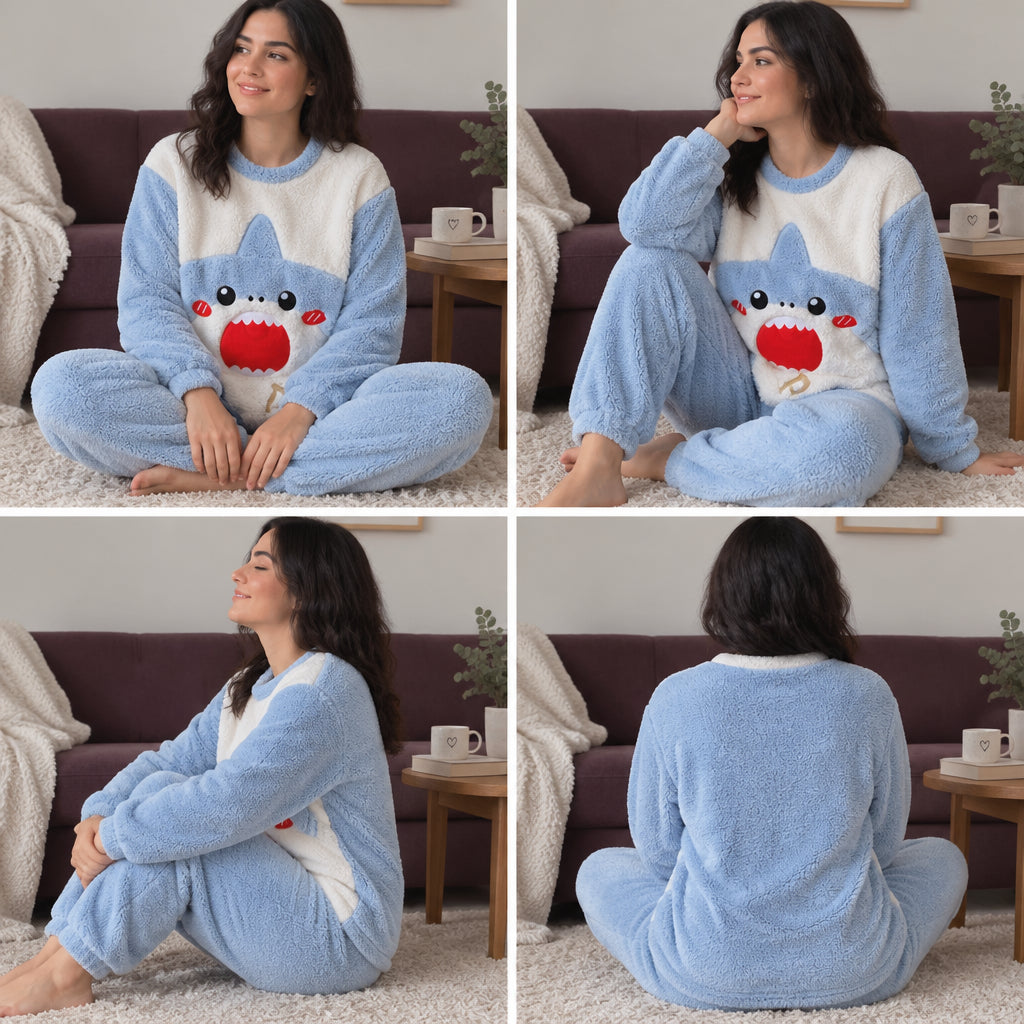 Quatre angles du Ensemble pyjama fille et femme requin bleu porté