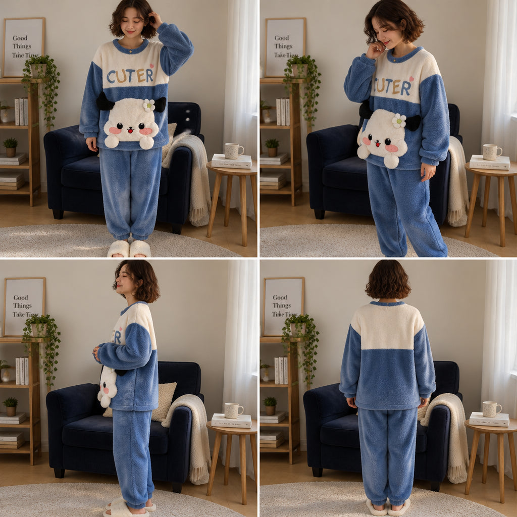 Quatre angles du Pyjama pilou pilou femme et ado animal bleu à fleur porté
