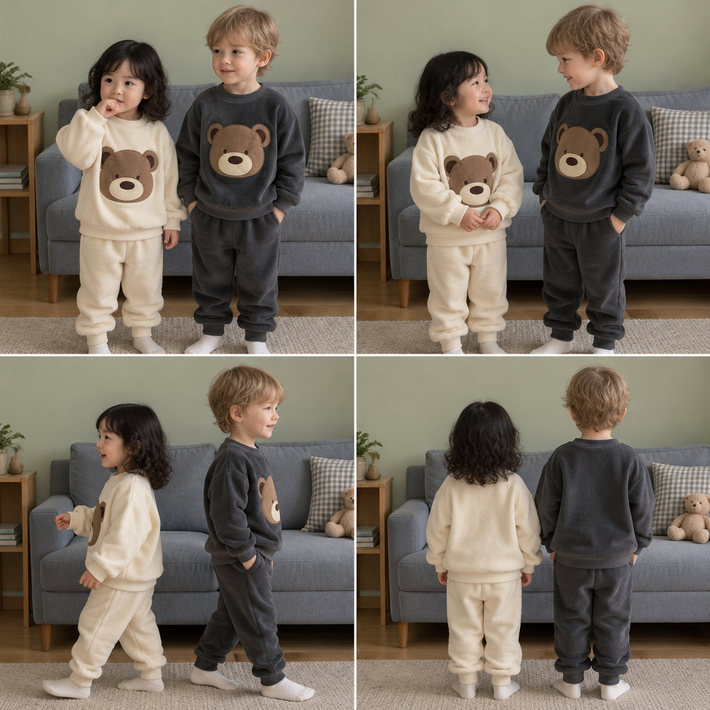 Quatre angles du Ensemble pyjama enfant ours beige ou gris porté