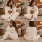 Quatre angles du Pyjama moumoute femme écru avec ours brun porté