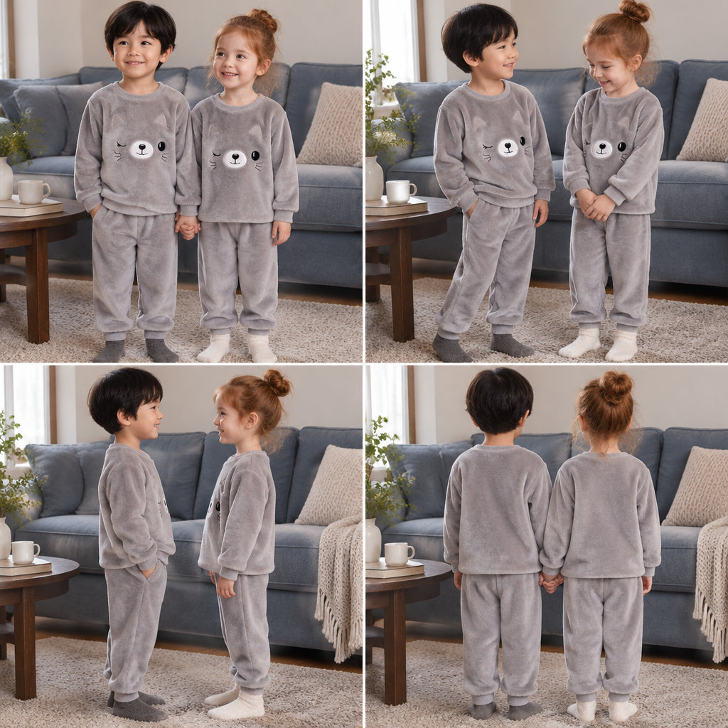 Quatre angles du Pyjama pilou pilou enfant chat moelleux porté