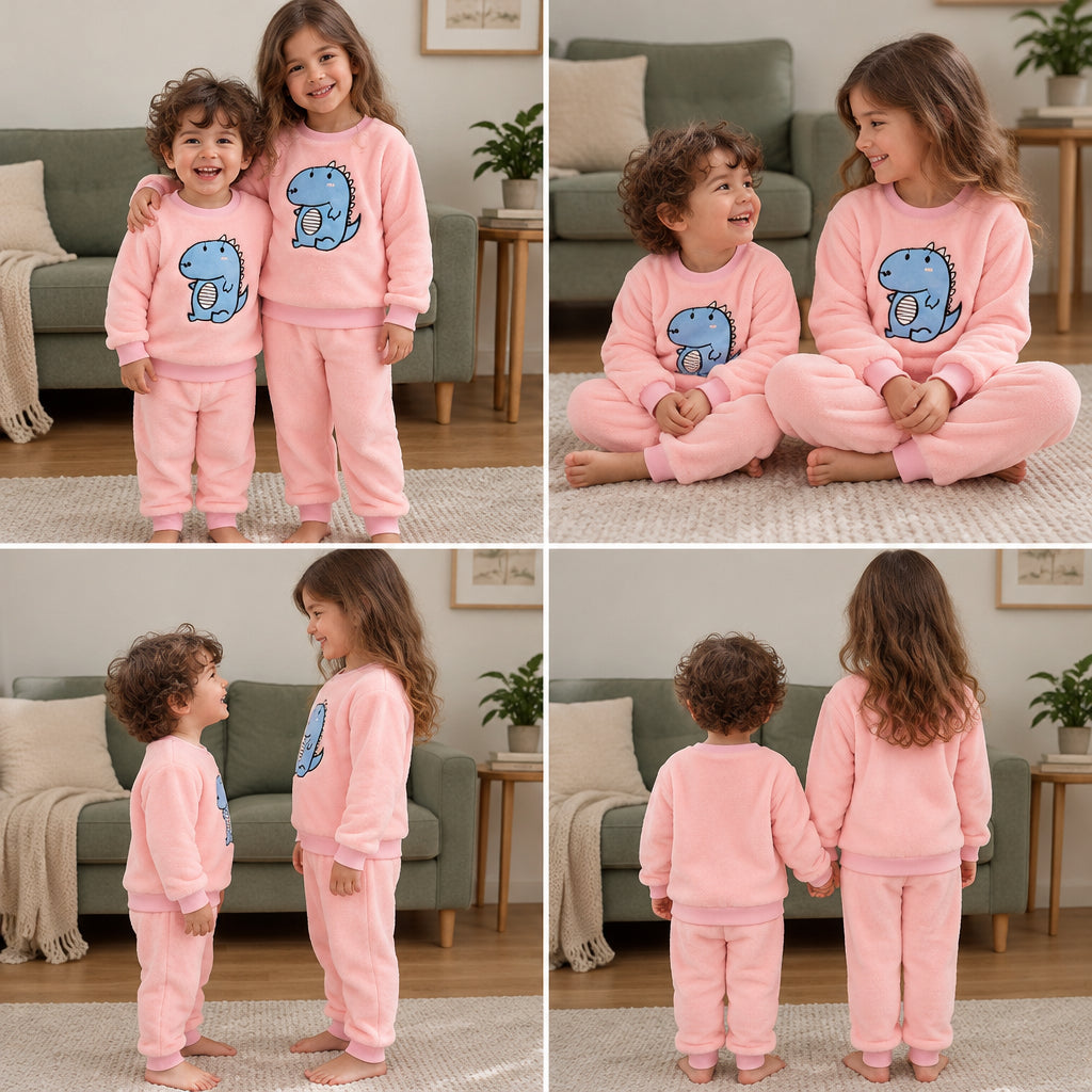Quatre angles du Pyjama chaud enfant rose à dinosaure bleu porté