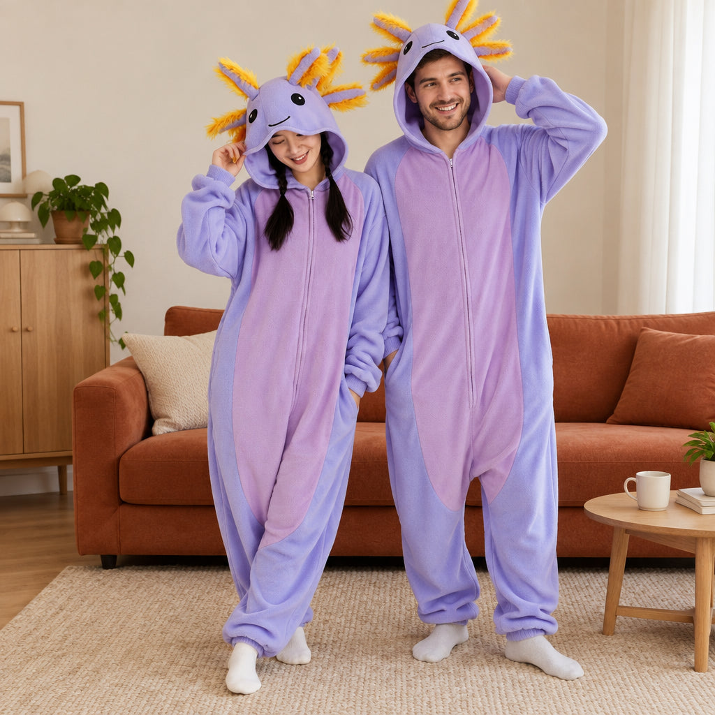 Kigurumi axolotl pour couple porté ou utilisé de face dans un intérieur chaleureux