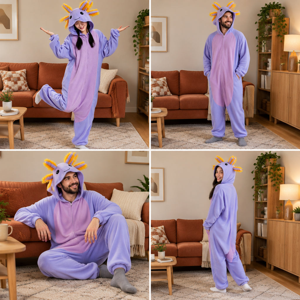 Mosaïque de quatre vues de Kigurumi axolotl pour couple