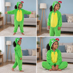Mosaïque de quatre vues de Kigurumi caméléon enfant