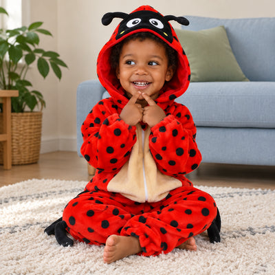 Pyjama bébé et enfant coccinelle rouge porté ou utilisé de face dans un intérieur chaleureux