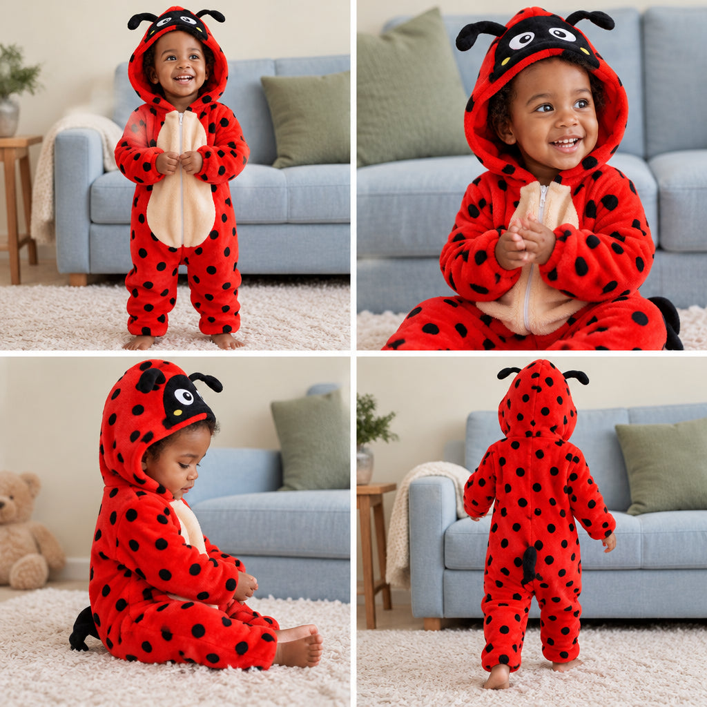Mosaïque de quatre vues de Pyjama bébé et enfant coccinelle rouge