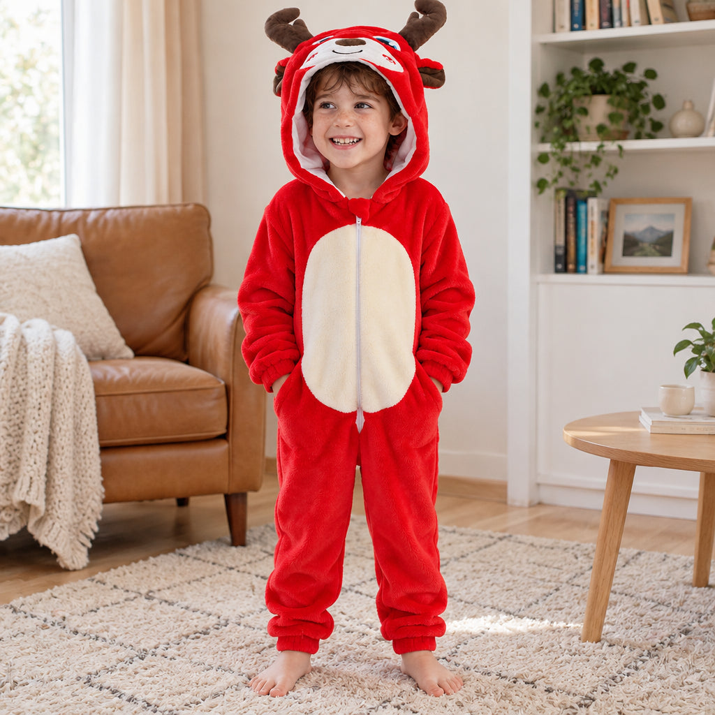 Pyjama enfant élan rouge porté ou utilisé de face dans un intérieur chaleureux