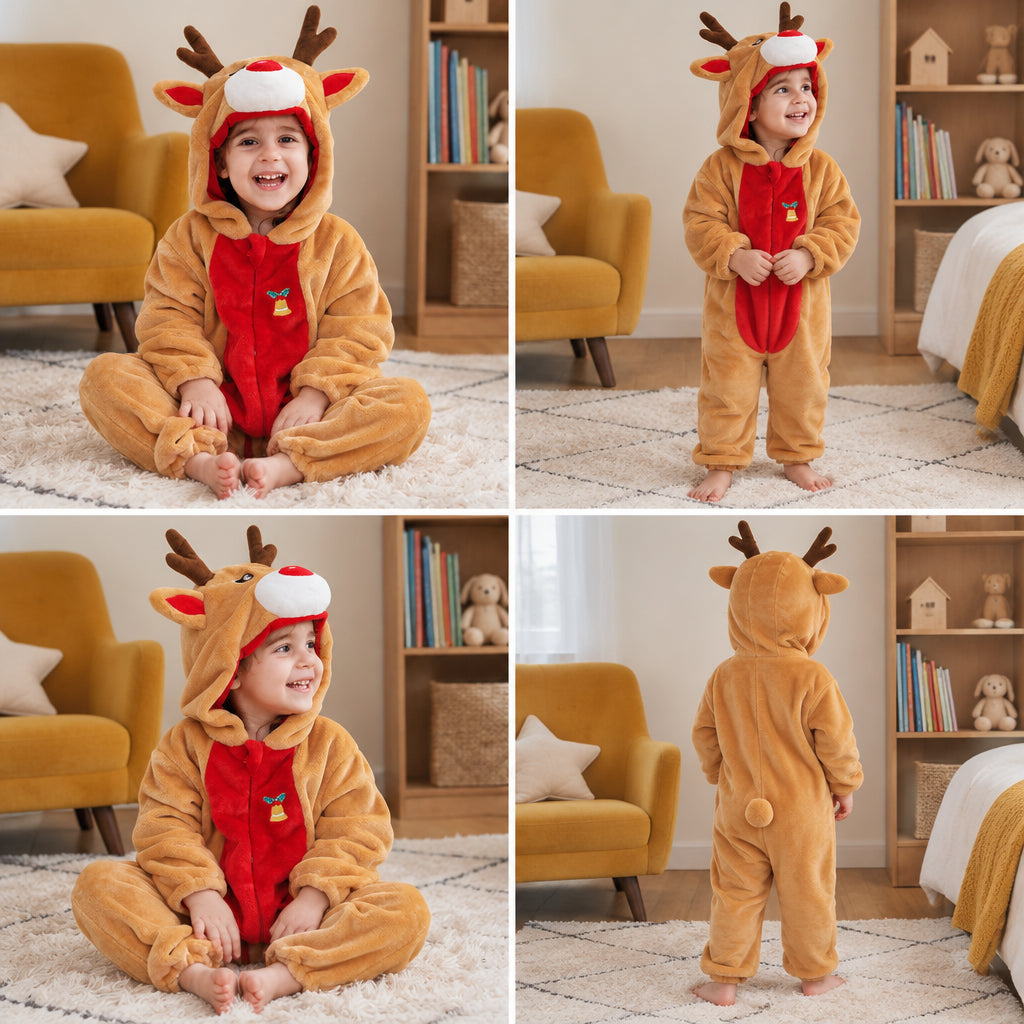 Mosaïque de quatre vues de Kigurumi faon bébé et enfant