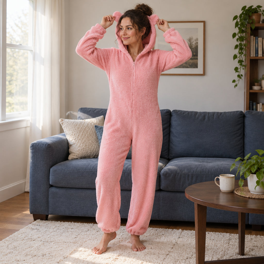 Combinaison pyjama femme à oreilles d’ours porté ou utilisé de face dans un intérieur chaleureux