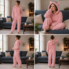 Mosaïque de quatre vues de Combinaison pyjama femme à oreilles d’ours