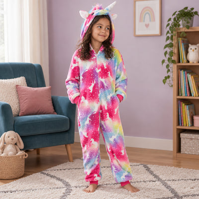 Kigurumi pégase enfant aux motifs étoilés porté ou utilisé de face dans un intérieur chaleureux