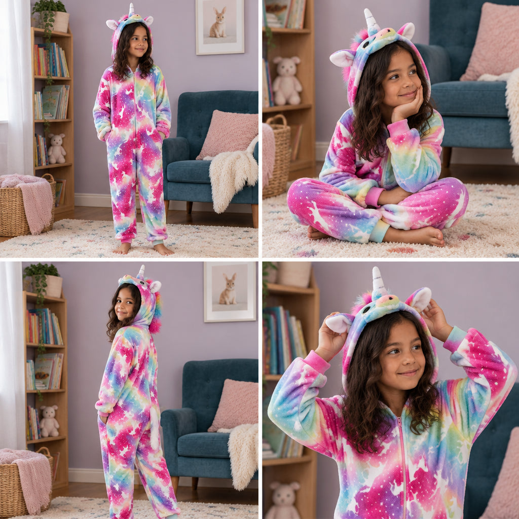 Mosaïque de quatre vues de Kigurumi pégase enfant aux motifs étoilés