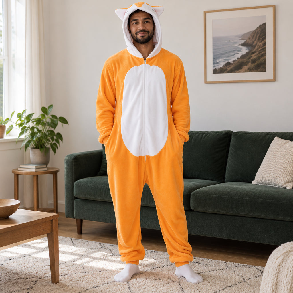 Combinaison pyjama renard tout doux porté ou utilisé de face dans un intérieur chaleureux