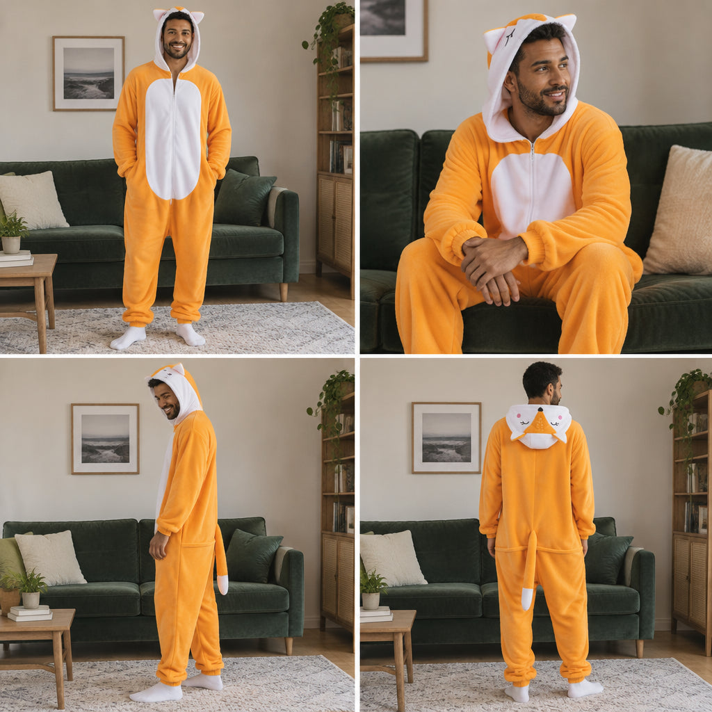 Mosaïque de quatre vues de Combinaison pyjama renard tout doux