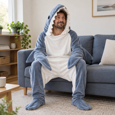 Sac de couchage requin à capuche tout doux porté ou utilisé de face dans un intérieur chaleureux