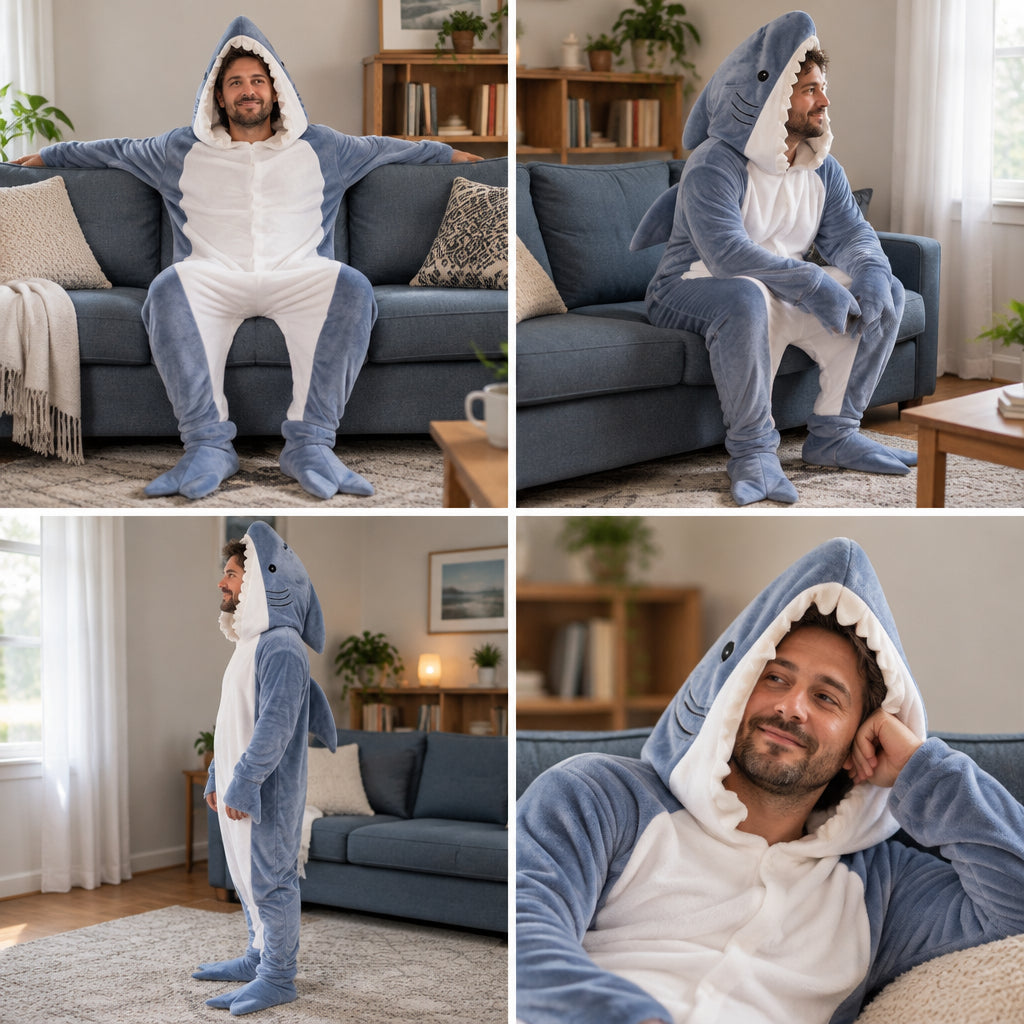 Mosaïque de quatre vues de Sac de couchage requin à capuche tout doux