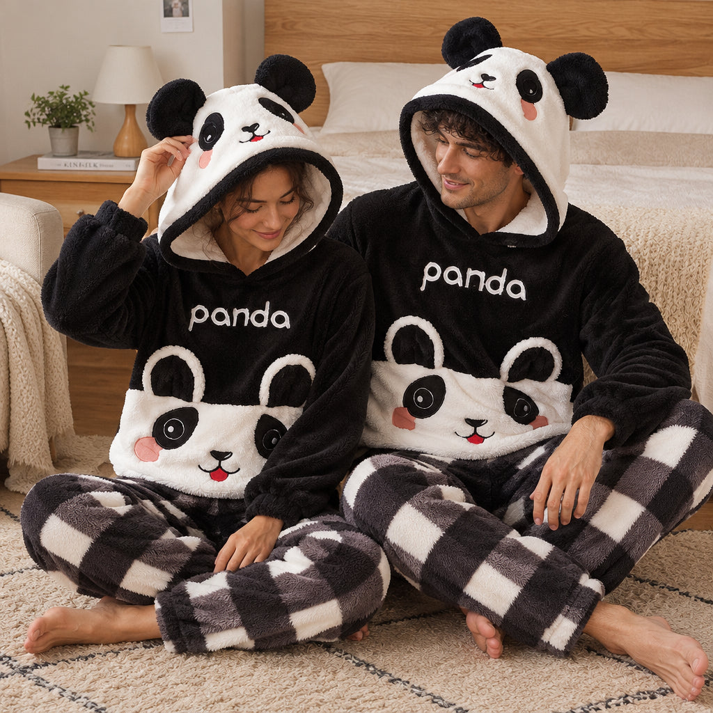 Cover frontale de Pyjama chaud panda noir et blanc à capuche pour la famille, portée et entièrement visible