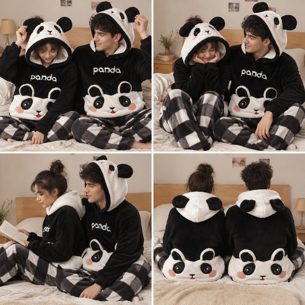 Quatre angles de Pyjama chaud panda noir et blanc à capuche pour la famille porté