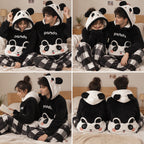 Quatre angles de Pyjama chaud panda noir et blanc à capuche pour la famille porté