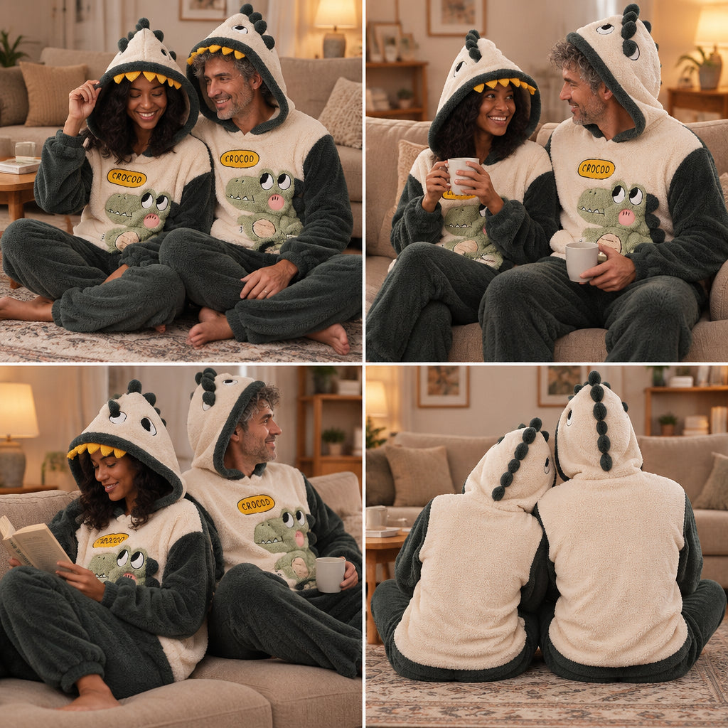 Quatre angles de Pyjama pilou pilou dinosaure doux à capuche porté