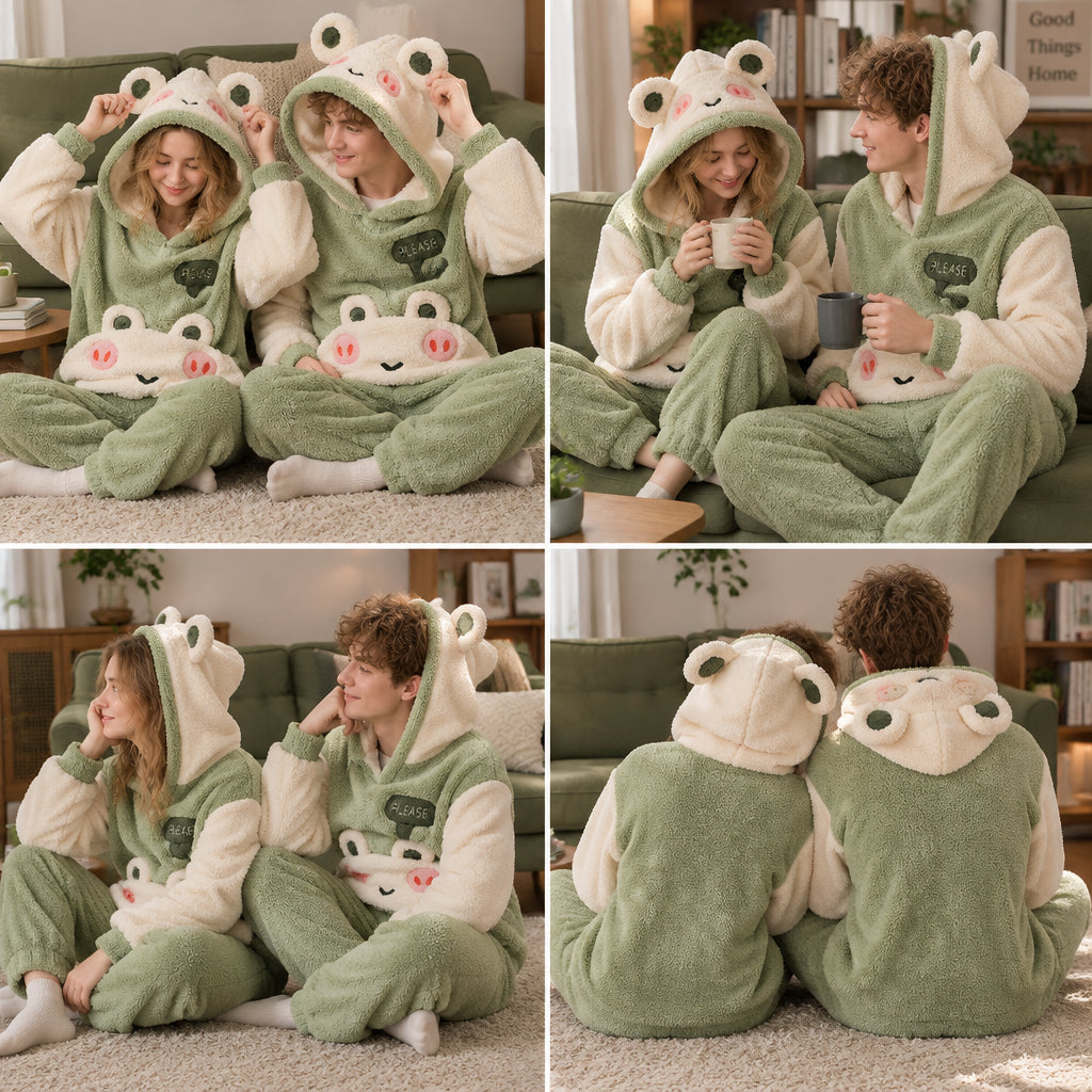 Quatre angles de Ensemble pyjama grenouille douce à capuche familial porté