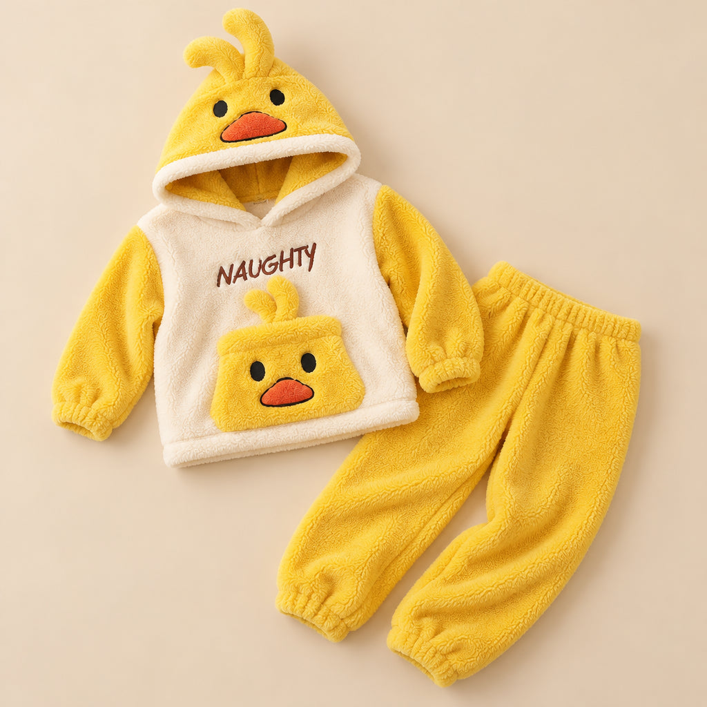 Ensemble pyjama deux pièces Pyjama hiver canard jaune à capuche posé à plat sur fond beige, sans personne