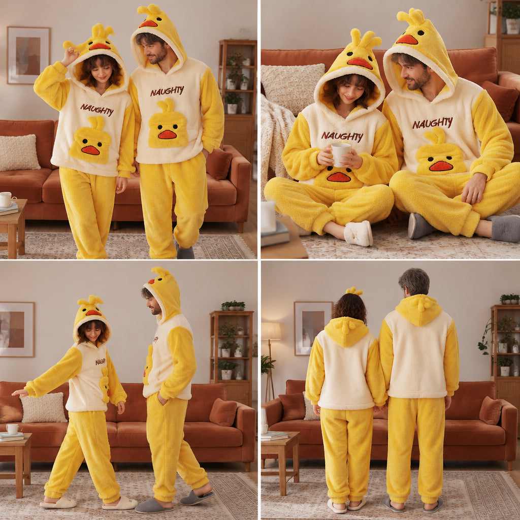 Quatre angles de Pyjama hiver canard jaune à capuche porté