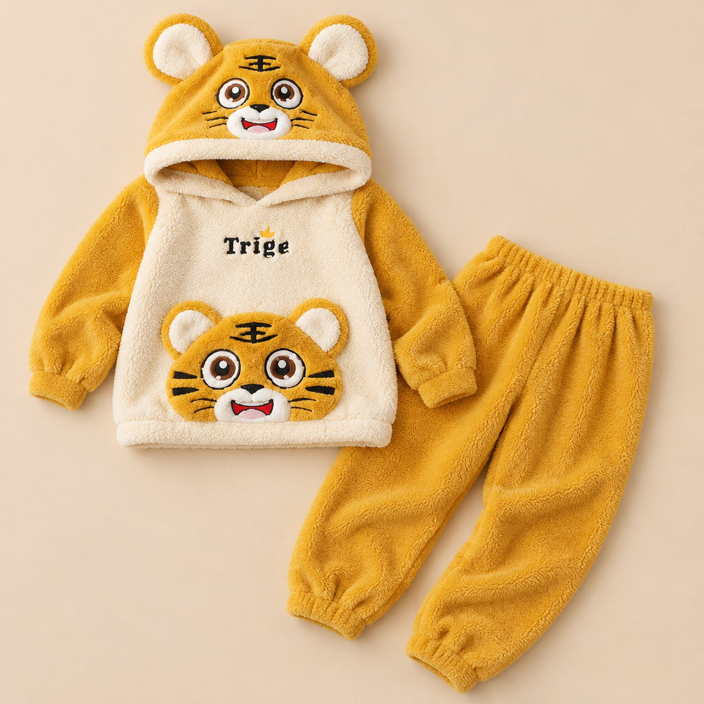Ensemble pyjama deux pièces Pyjama pilou pilou tigre doux à capuche famille posé à plat sur fond beige, sans personne
