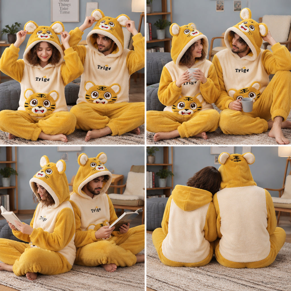 Quatre angles de Pyjama pilou pilou tigre doux à capuche famille porté