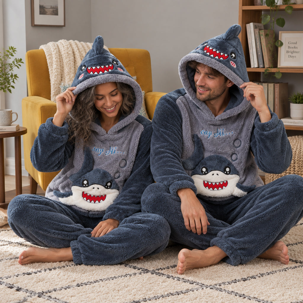 Cover frontale de Pyjama moumoute requin mignon à capuche, portée et entièrement visible