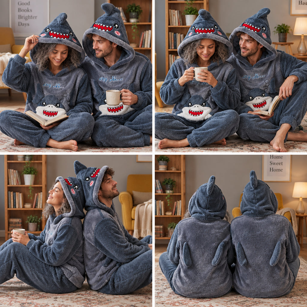Quatre angles de Pyjama moumoute requin mignon à capuche porté