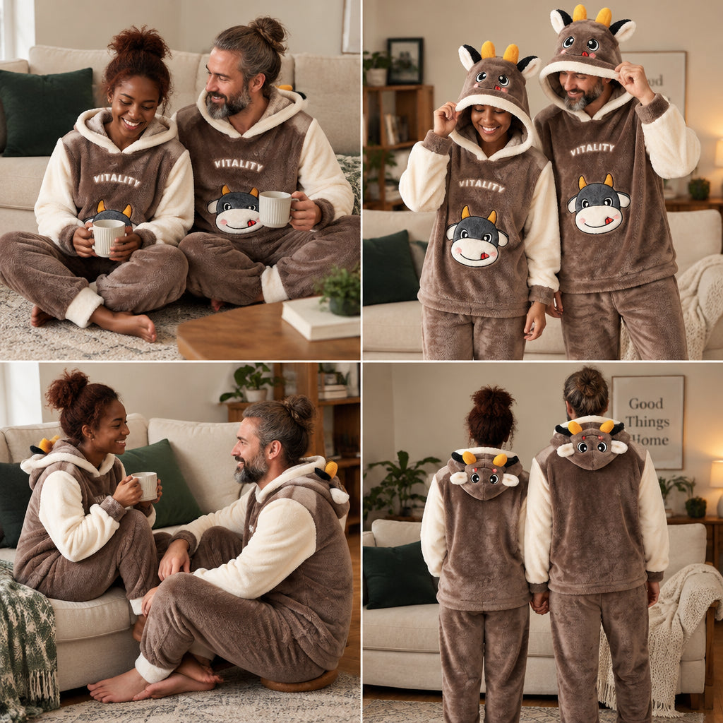 Quatre angles de Ensemble pyjama dinosaure vert à capuche enfant et adulte porté