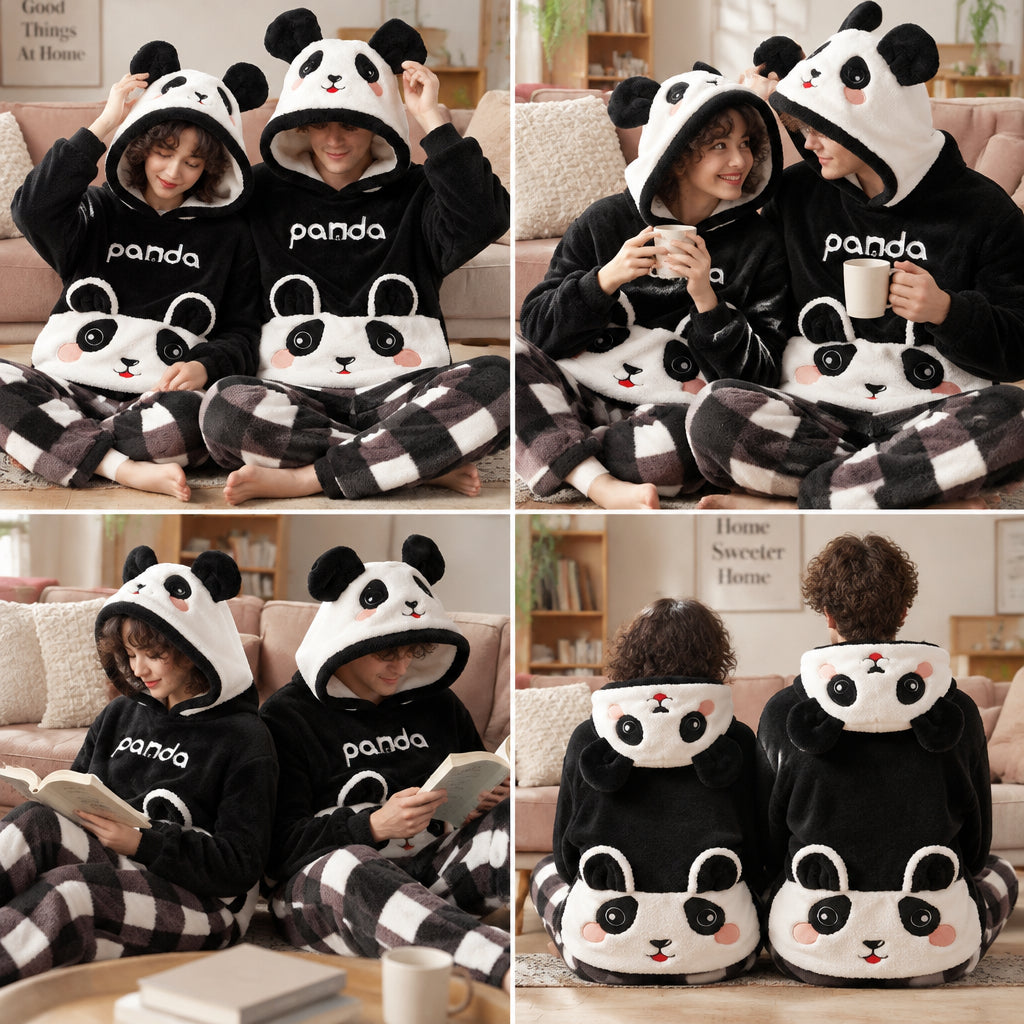 Quatre angles de Pyjama moumoute panda noir doux porté
