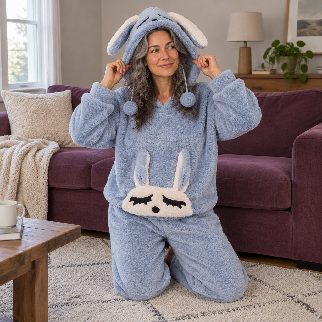 Cover frontale de Pyjama chaud lapin bleu à capuche adulte, portée et entièrement visible