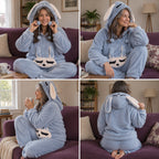 Quatre angles de Pyjama chaud lapin bleu à capuche adulte porté