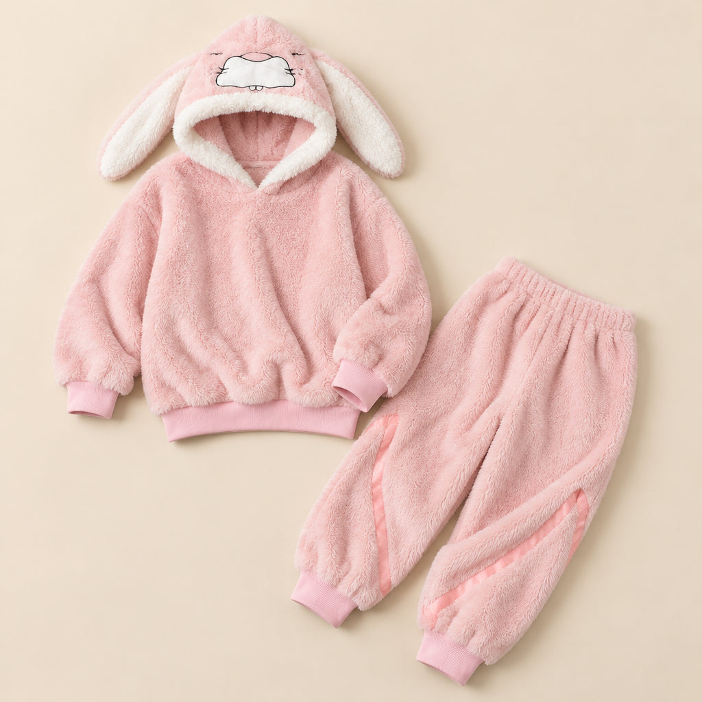 Ensemble pyjama deux pièces Pyjama hiver lapin rose à capuche adulte posé à plat sur fond beige, sans personne