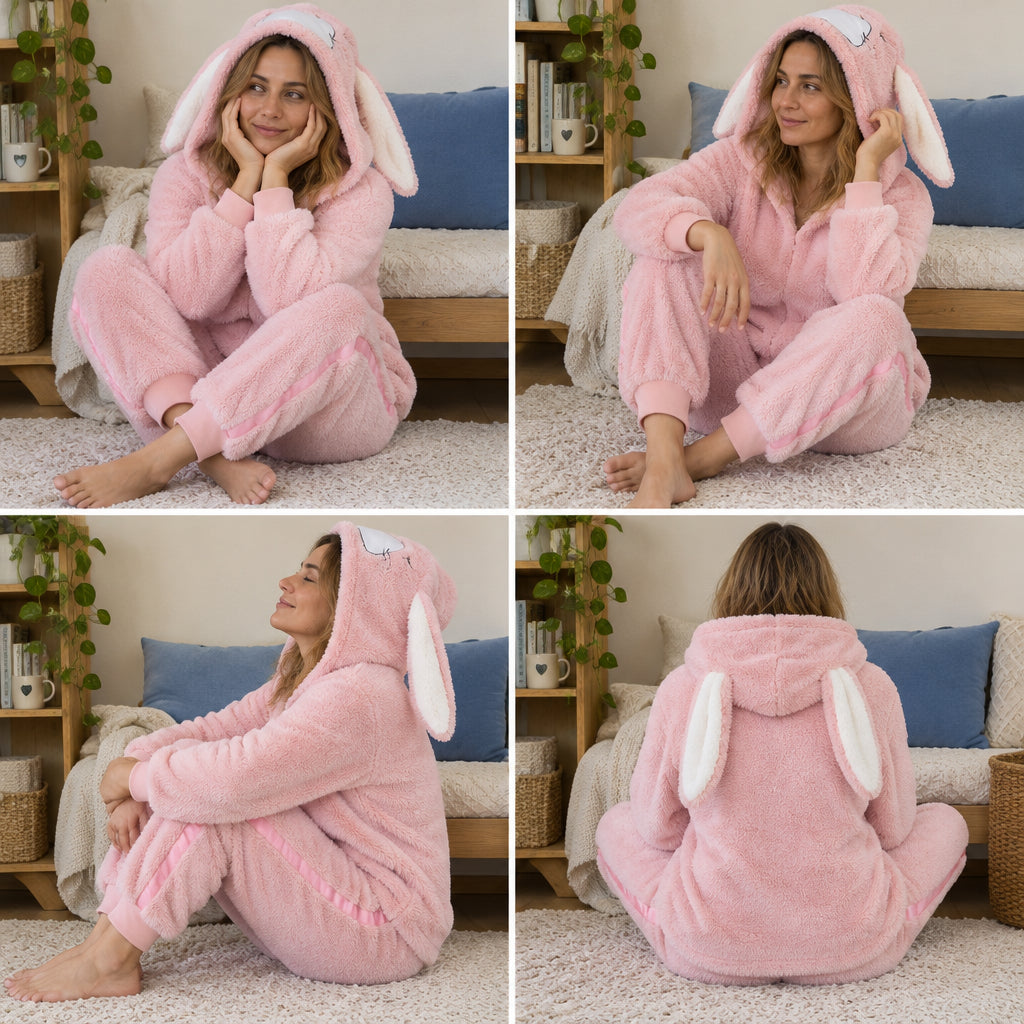 Quatre angles de Pyjama hiver lapin rose à capuche adulte porté