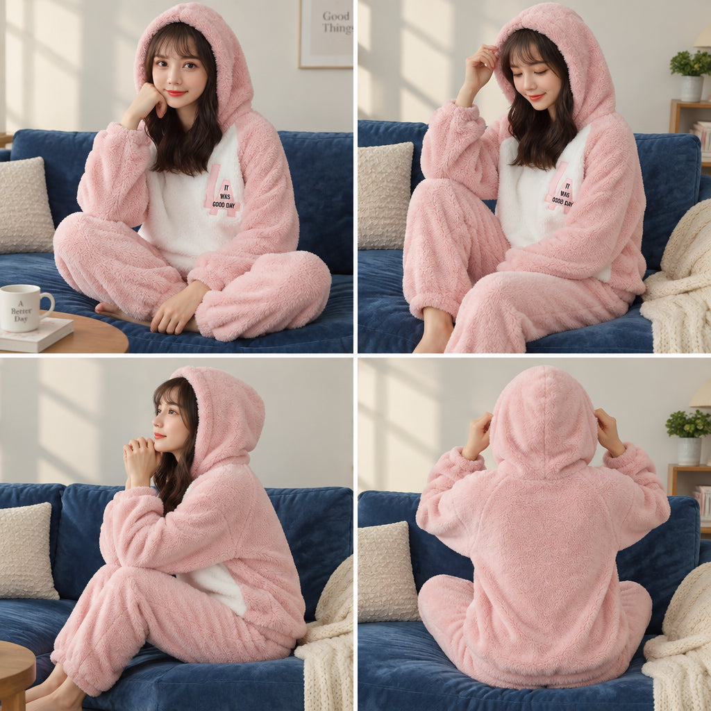 Quatre angles de Pyjama polaire lapin rose à capuche adulte porté