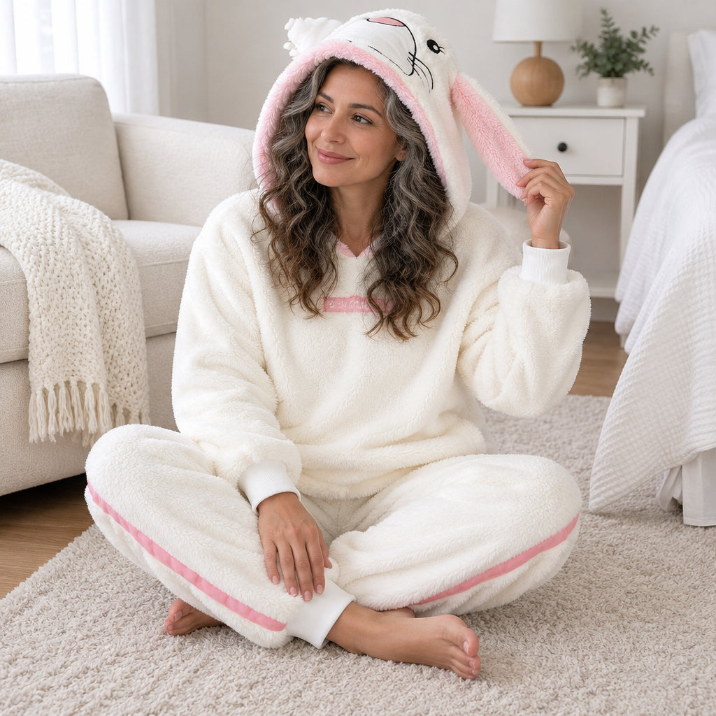 Cover frontale de Pyjama moumoute chat blanc à capuche adulte, portée et entièrement visible