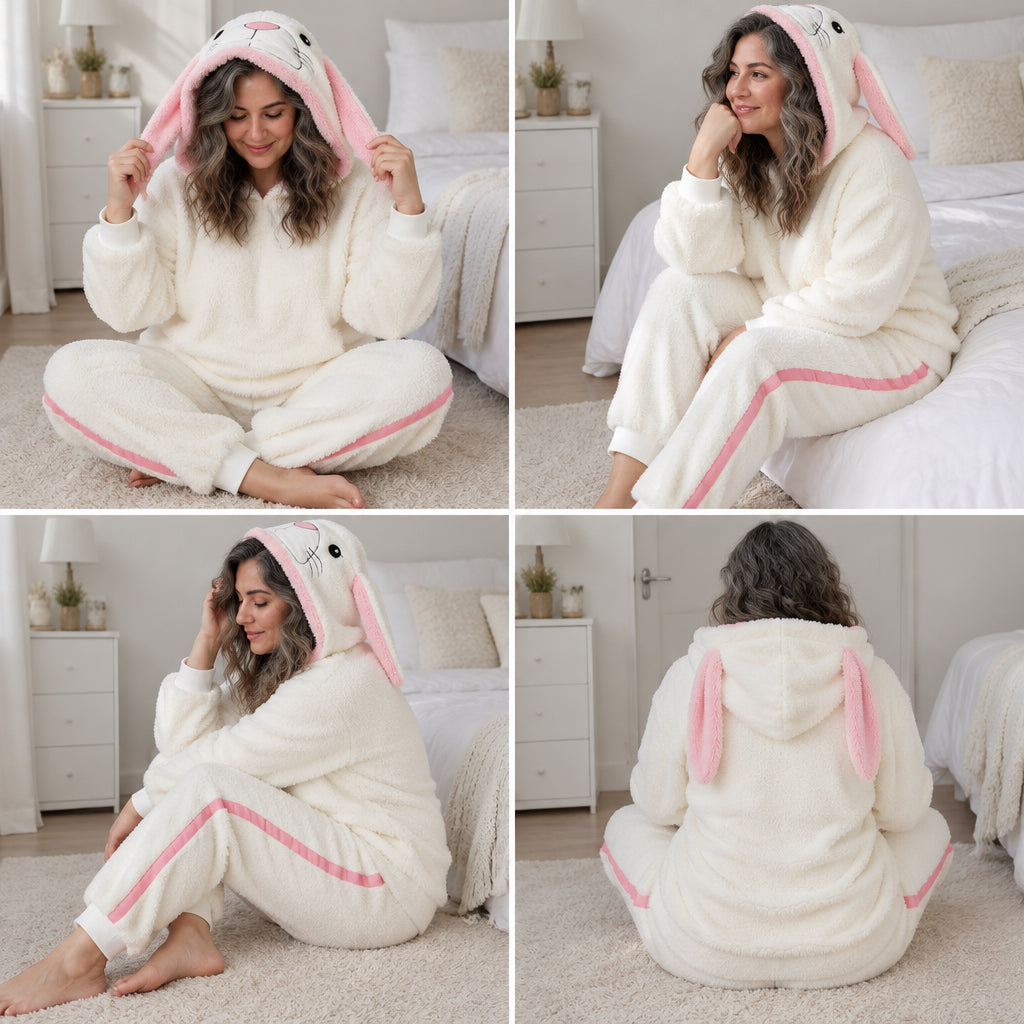 Quatre angles de Pyjama moumoute chat blanc à capuche adulte porté