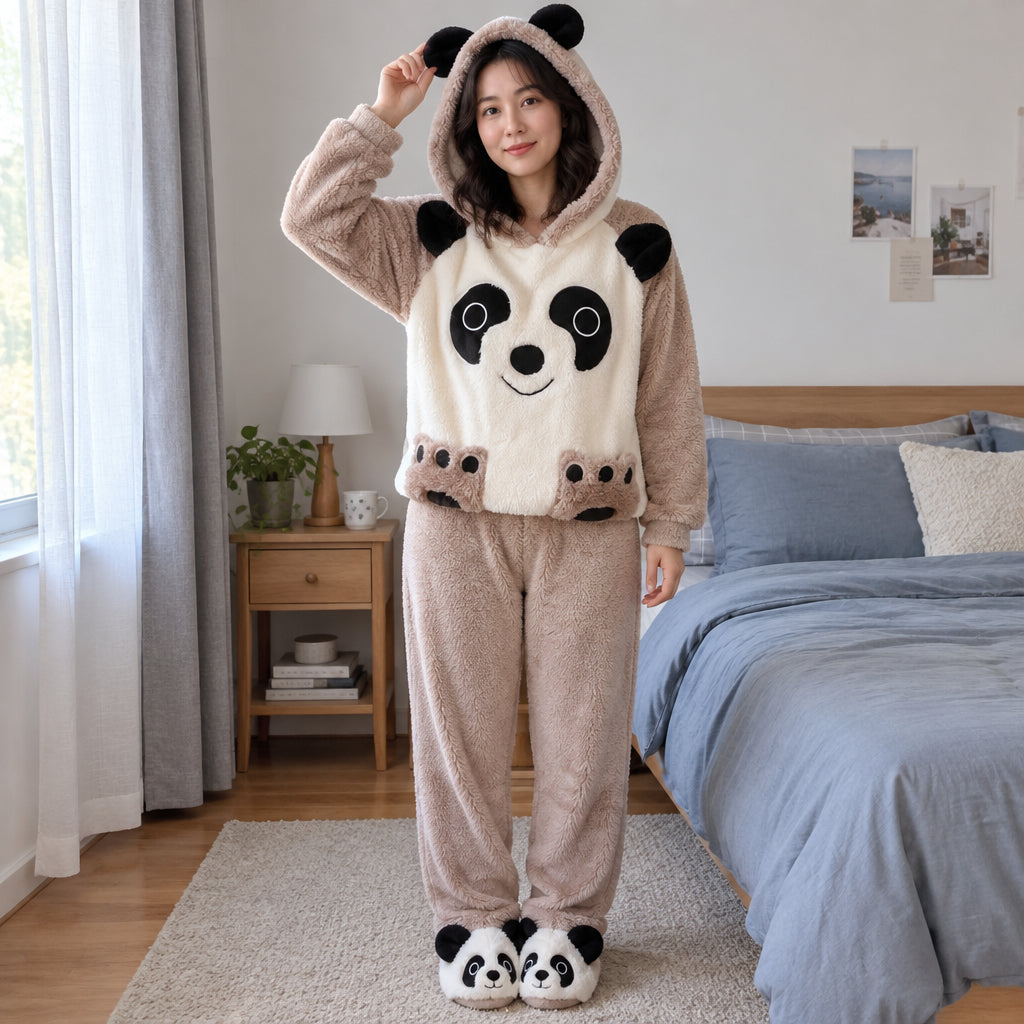 Cover frontale de Pyjama polaire panda marron à capuche femme, portée et entièrement visible