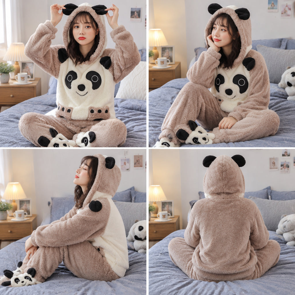 Quatre angles de Pyjama polaire panda marron à capuche femme porté