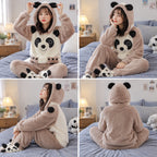 Quatre angles de Pyjama polaire panda marron à capuche femme porté