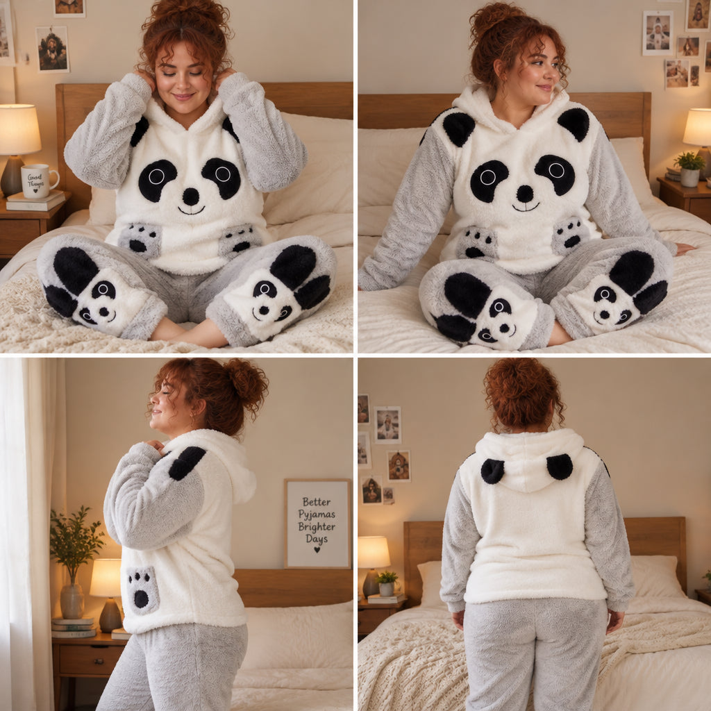 Quatre angles de Pyjama chaud panda gris à capuche femme porté