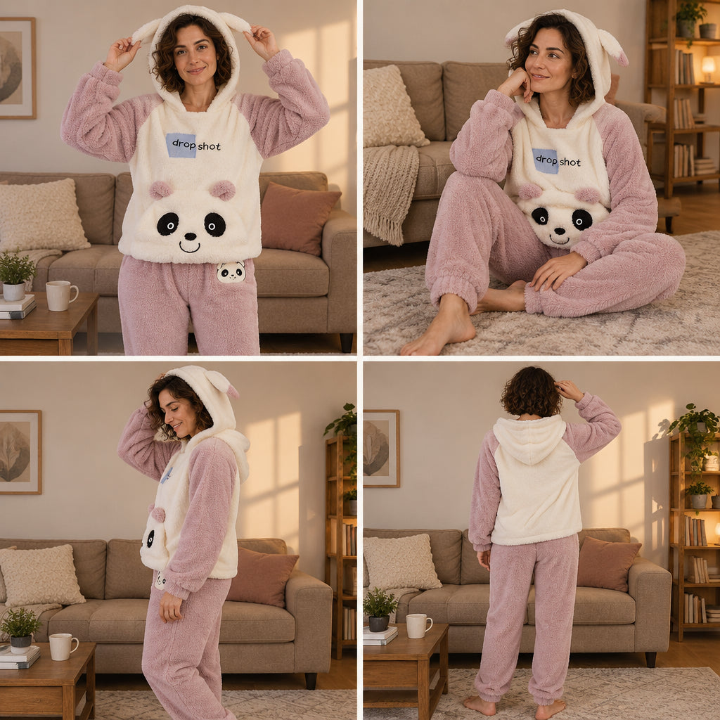 Quatre angles de Ensemble pyjama panda rose à capuche femme porté